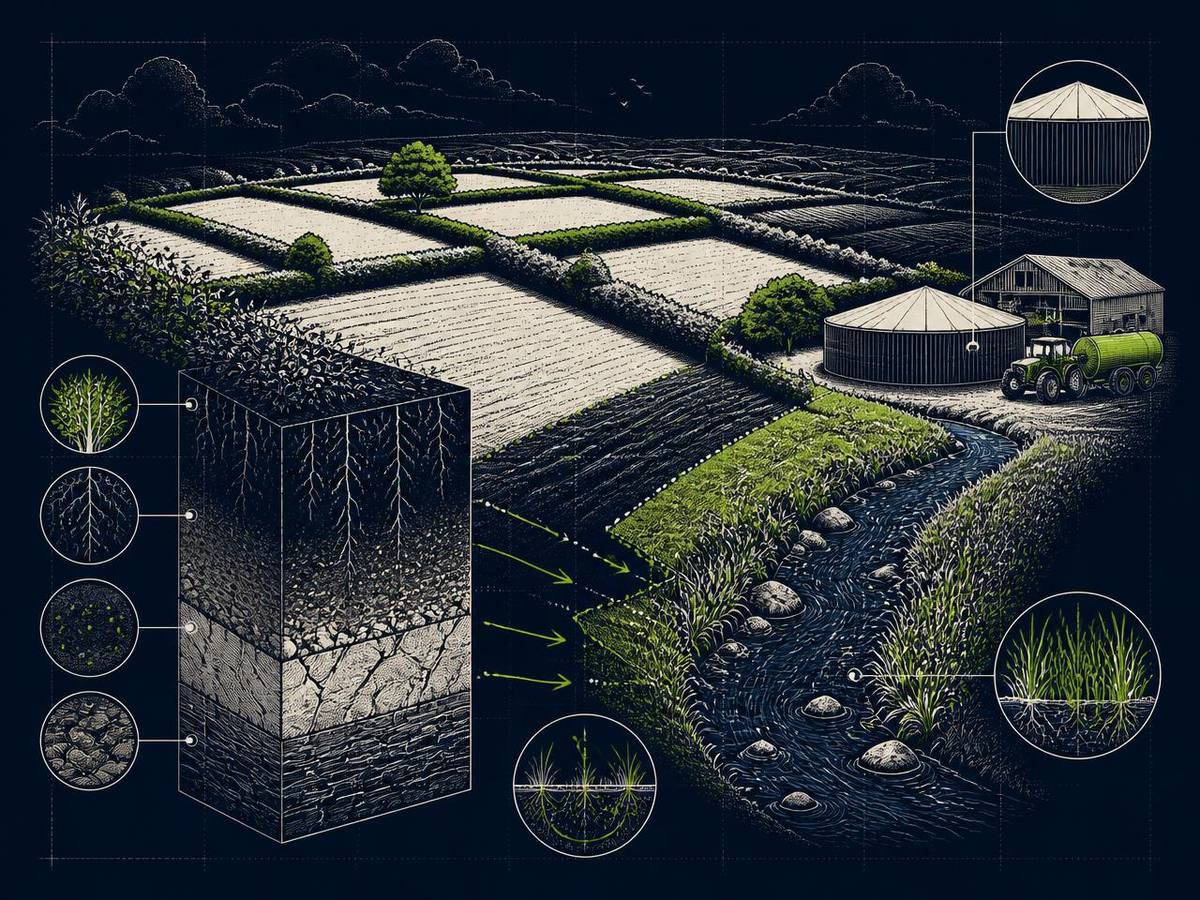 Cross-section illustration of Irish farmland showing slurry storage, nutrient movement through soil layers and a watercourse buffer strip.